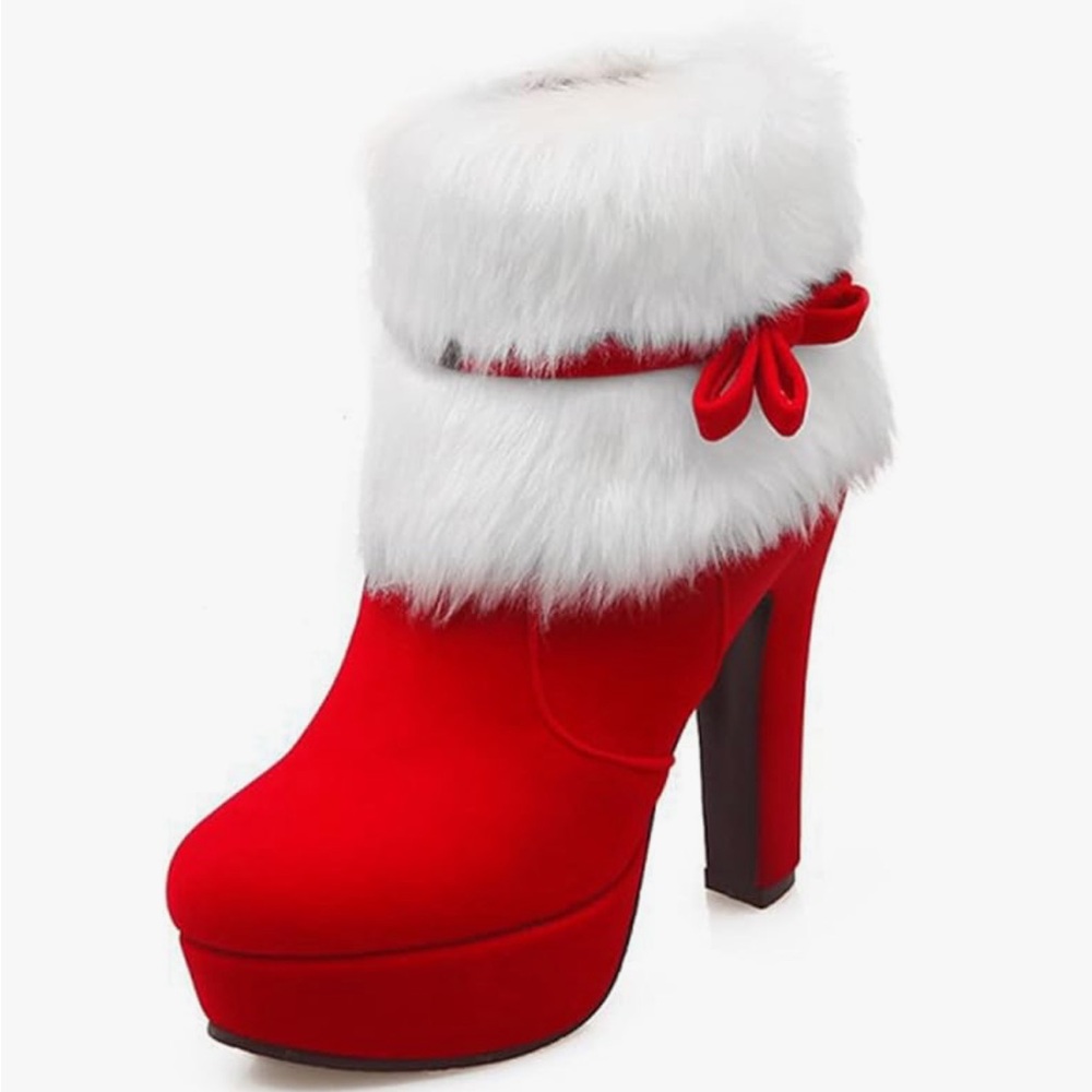 Red and White Heeled Boots with Faux Fur Trim